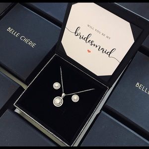 Bridesmaid gift set necklace and earrings circular halo sterling silver